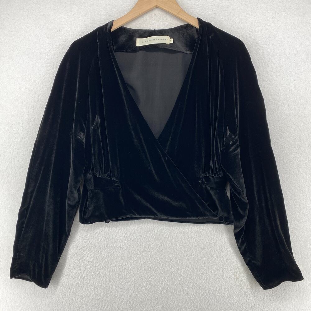 SANDRA MANSOUR Blouse 38 Cropped Velvet Wrap Long Sleeve Black